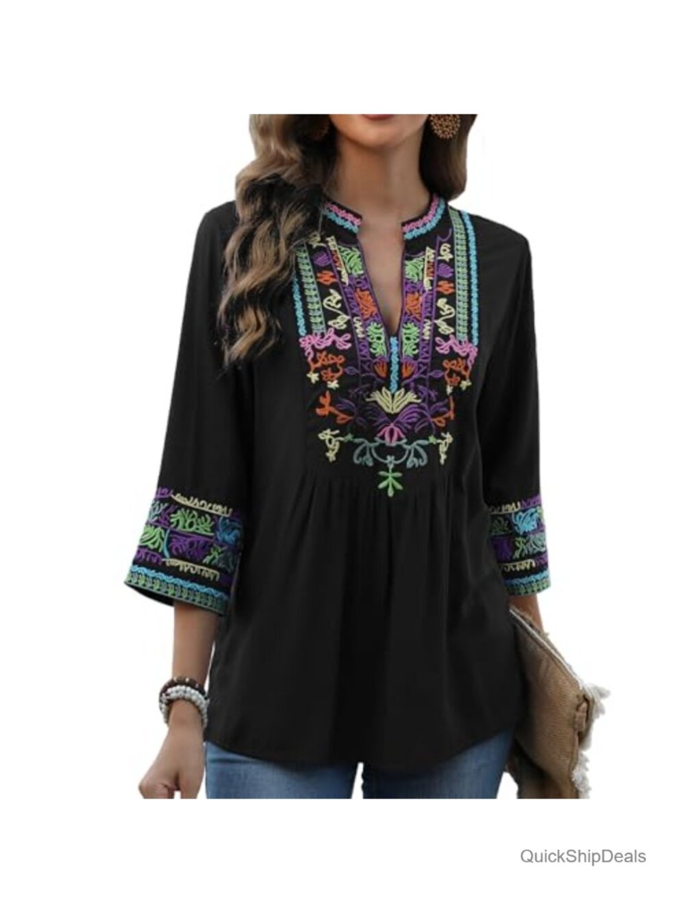 Floral Embroidered Peasant Blouse 3/4 Sleeve V-Neck Bohemian Top